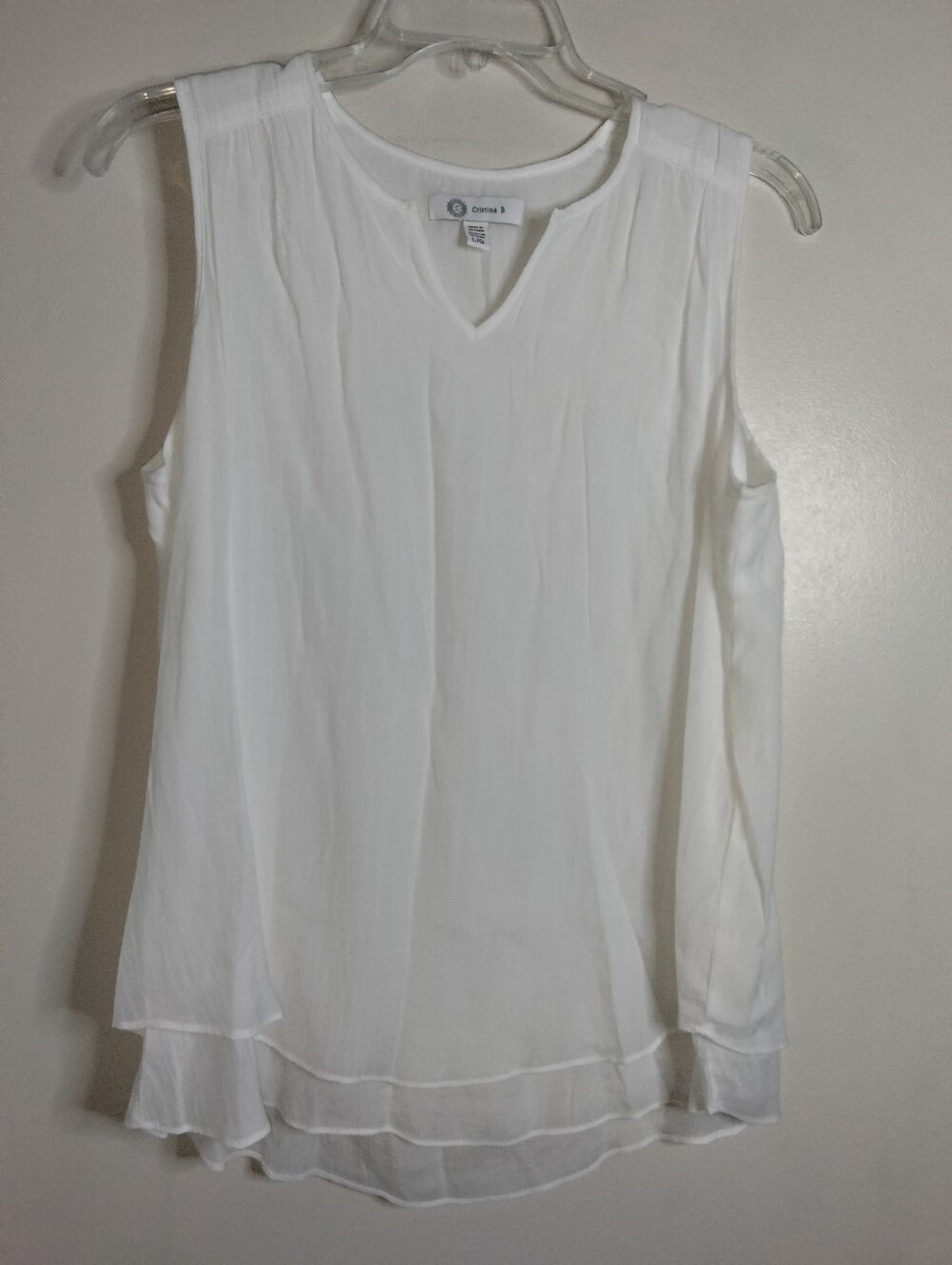Cristina B. (Size L) White Viscose Blend Sleeveless V-Neck Layered Hem Camisole